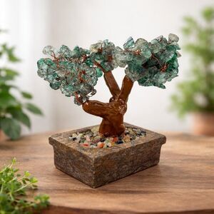 Natural Green Gemstone Crystal Feng Shui Bonsai Lucky Tree Home Decor